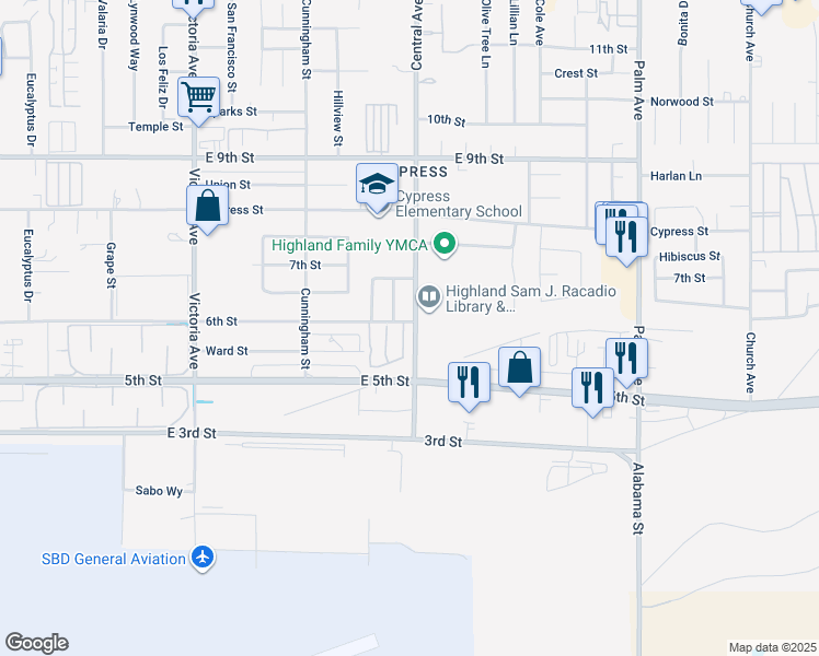map of restaurants, bars, coffee shops, grocery stores, and more near 7909 Primrose Lane in Highland