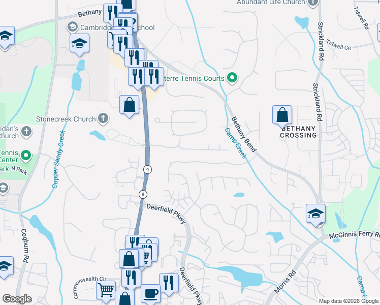 map of restaurants, bars, coffee shops, grocery stores, and more near 555 Astonefield Drive in Alpharetta