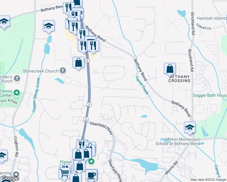 map of restaurants, bars, coffee shops, grocery stores, and more near 555 Astonefield Drive in Alpharetta