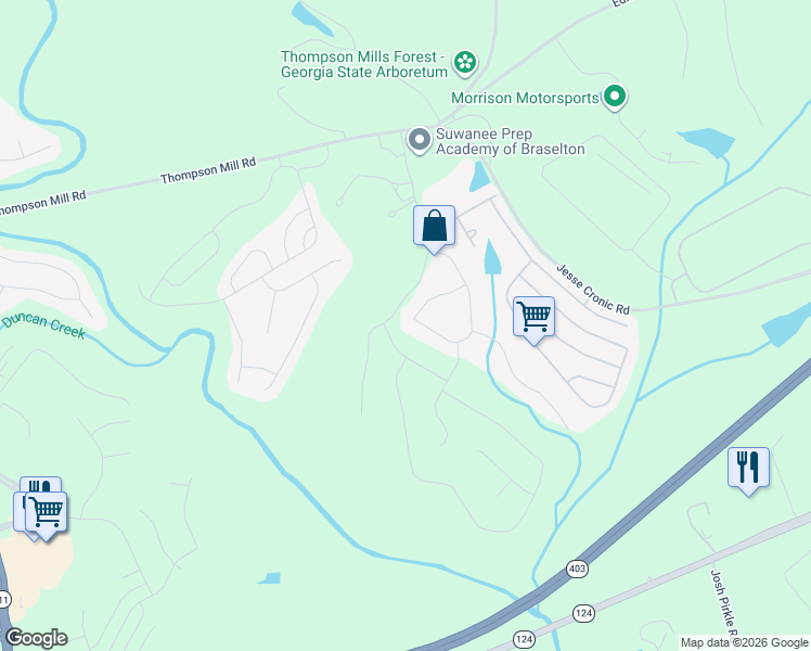 map of restaurants, bars, coffee shops, grocery stores, and more near 259 Bakers Farm Circle in Braselton
