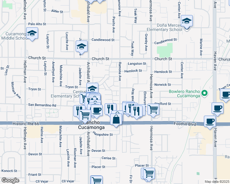 map of restaurants, bars, coffee shops, grocery stores, and more near 9865 Paloma Court in Rancho Cucamonga