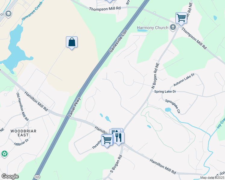 map of restaurants, bars, coffee shops, grocery stores, and more near 4296 Alba Lane in Buford