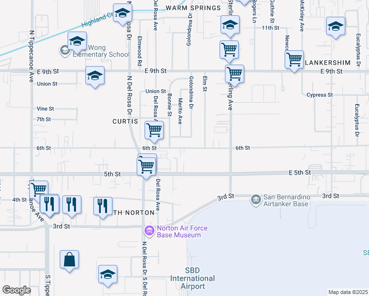 map of restaurants, bars, coffee shops, grocery stores, and more near 25511 6th Street in San Bernardino
