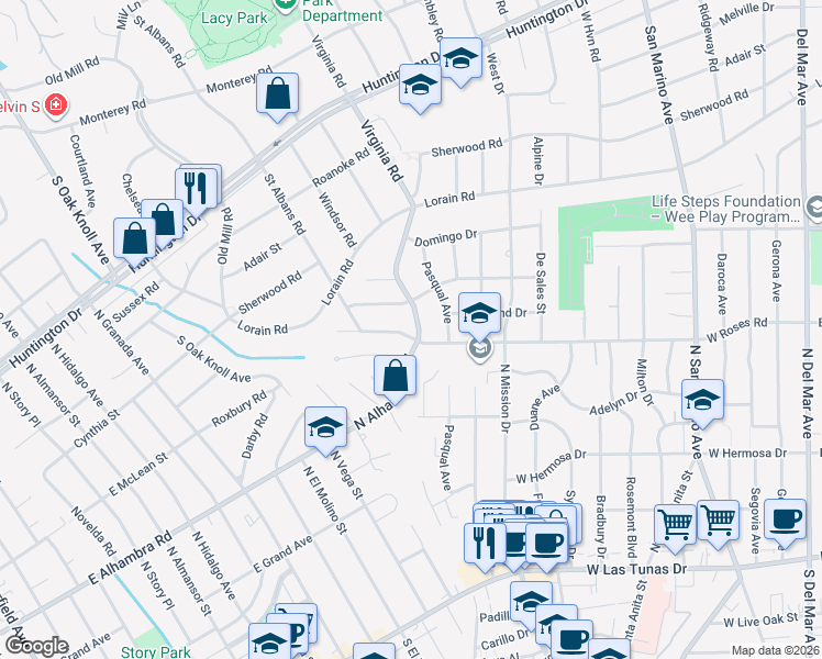 map of restaurants, bars, coffee shops, grocery stores, and more near 1005 West Roses Road in San Gabriel