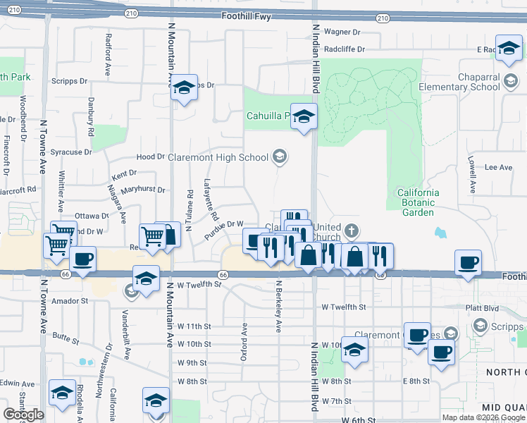 map of restaurants, bars, coffee shops, grocery stores, and more near 1451 Pueblo Court in Claremont