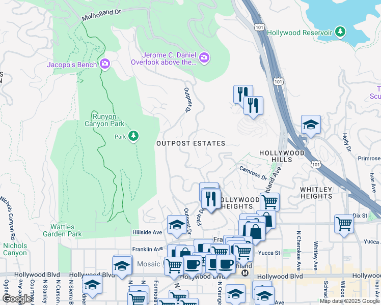 map of restaurants, bars, coffee shops, grocery stores, and more near 2130 Castilian Drive in Los Angeles