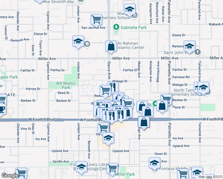 map of restaurants, bars, coffee shops, grocery stores, and more near 16940 Reed Street in Fontana