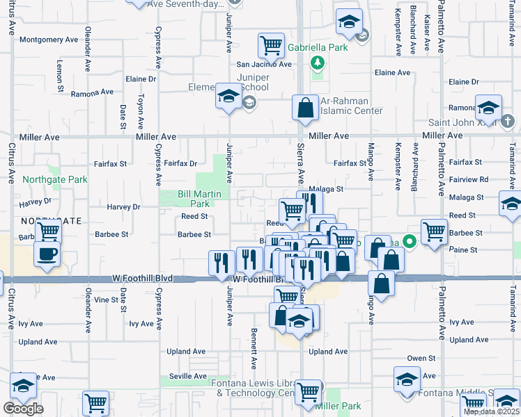 map of restaurants, bars, coffee shops, grocery stores, and more near 7915 Bennett Avenue in Fontana