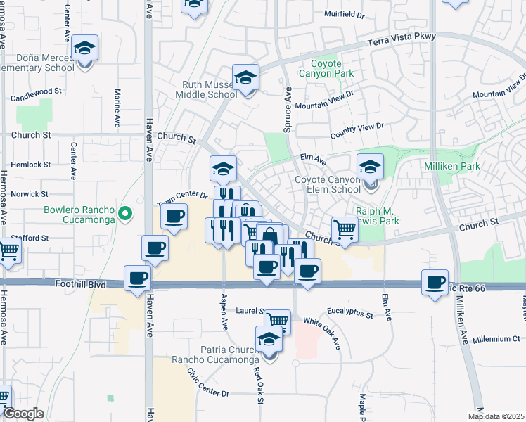 map of restaurants, bars, coffee shops, grocery stores, and more near 10855 Church Street in Rancho Cucamonga