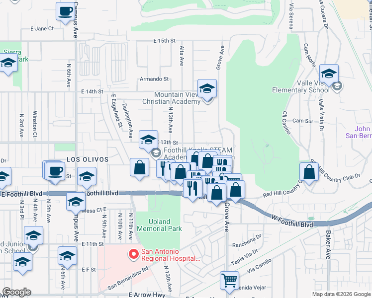 map of restaurants, bars, coffee shops, grocery stores, and more near 1261 North Monte Verde Avenue in Upland