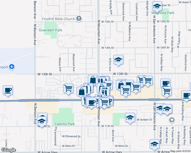 map of restaurants, bars, coffee shops, grocery stores, and more near 1244 Edgewood Lane in Upland