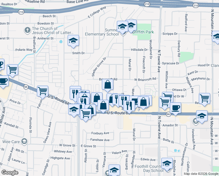 map of restaurants, bars, coffee shops, grocery stores, and more near 301 East Foothill Boulevard in Pomona