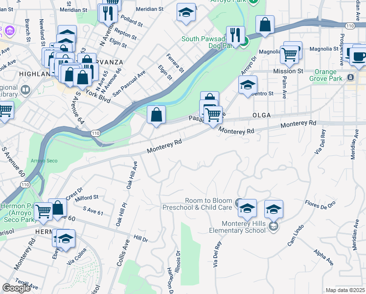 map of restaurants, bars, coffee shops, grocery stores, and more near 185 Monterey Road in South Pasadena