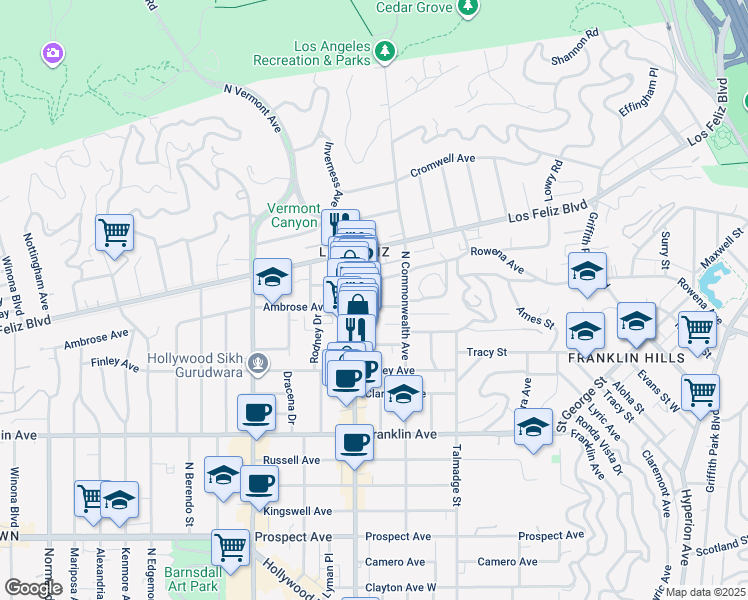 map of restaurants, bars, coffee shops, grocery stores, and more near 2100 Hillhurst Avenue in Los Angeles