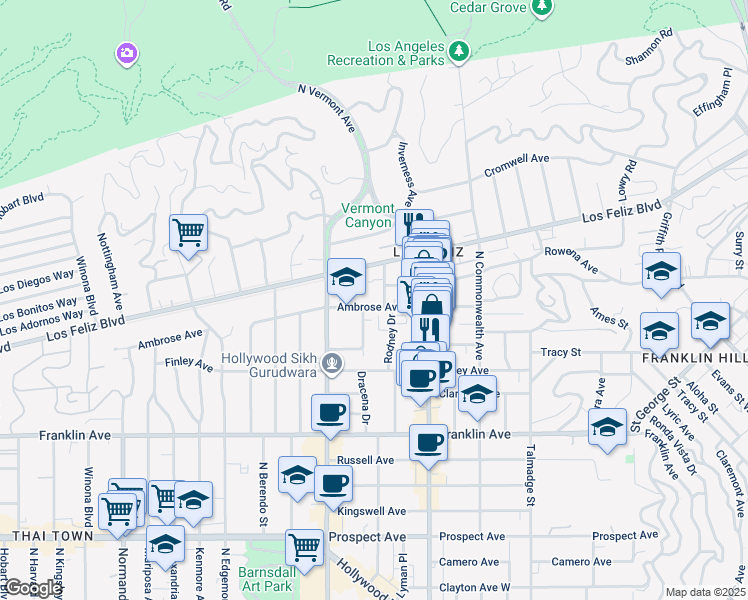 map of restaurants, bars, coffee shops, grocery stores, and more near 4573 Ambrose Avenue in Los Angeles
