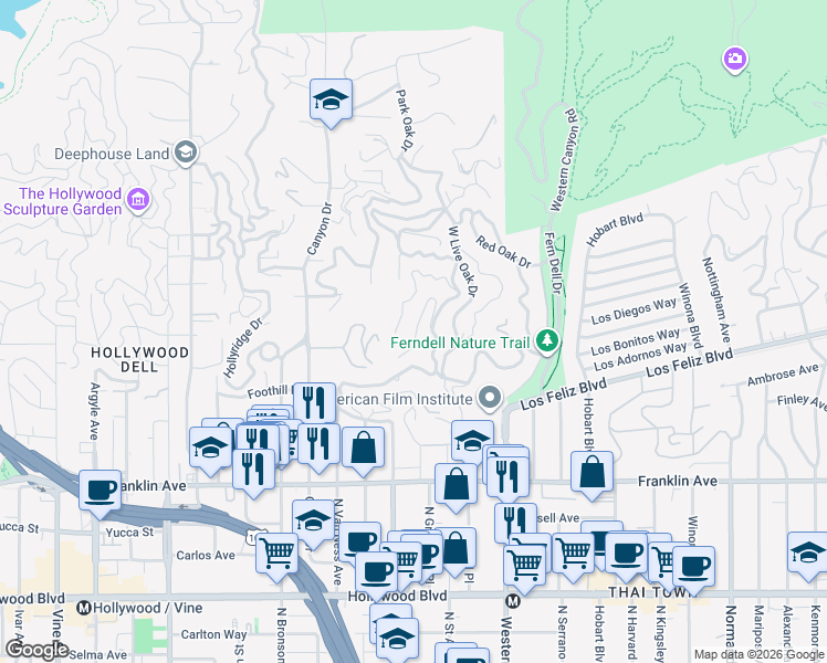 map of restaurants, bars, coffee shops, grocery stores, and more near 5660 Valley Oak Drive in Los Angeles