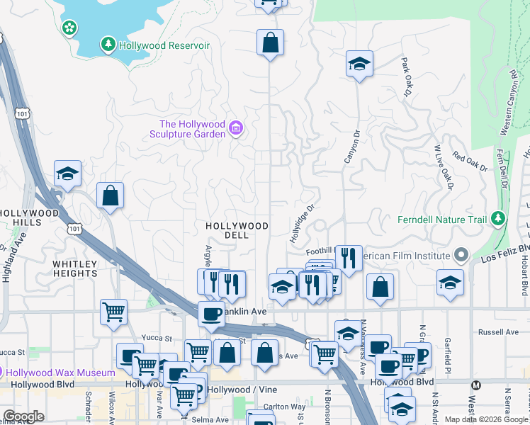 map of restaurants, bars, coffee shops, grocery stores, and more near in Los Angeles