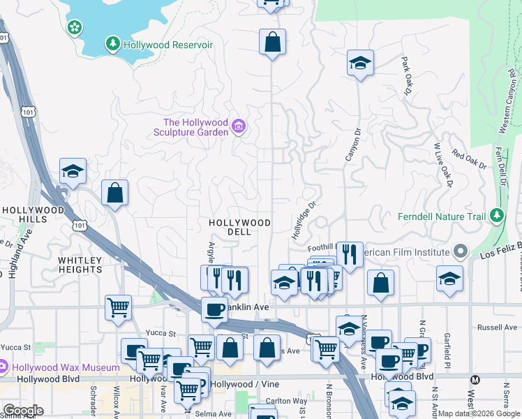 map of restaurants, bars, coffee shops, grocery stores, and more near in Los Angeles