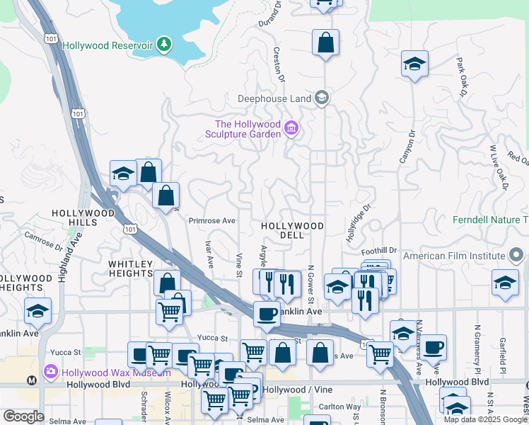 map of restaurants, bars, coffee shops, grocery stores, and more near 6221 Scenic Avenue in Los Angeles