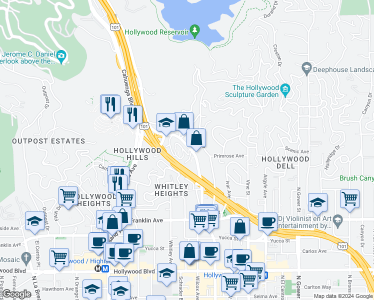 map of restaurants, bars, coffee shops, grocery stores, and more near 6520 Iris Drive in Los Angeles