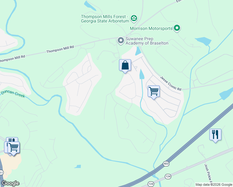 map of restaurants, bars, coffee shops, grocery stores, and more near 259 Bakers Farm Circle in Braselton