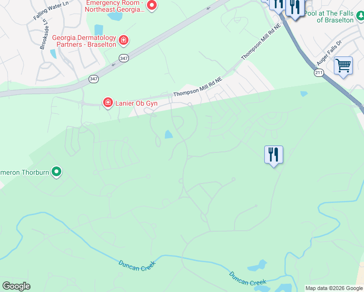 map of restaurants, bars, coffee shops, grocery stores, and more near 2515 Shumard Oak Drive in Braselton