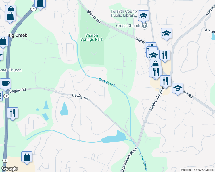 map of restaurants, bars, coffee shops, grocery stores, and more near 2740 Stonehill Way in Cumming