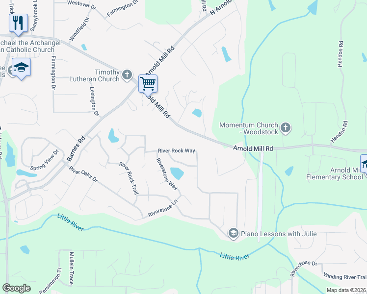 map of restaurants, bars, coffee shops, grocery stores, and more near 4019 River Rock Way in Woodstock