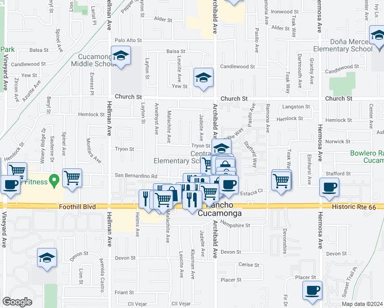 map of restaurants, bars, coffee shops, grocery stores, and more near 9610 Effen Street in Rancho Cucamonga