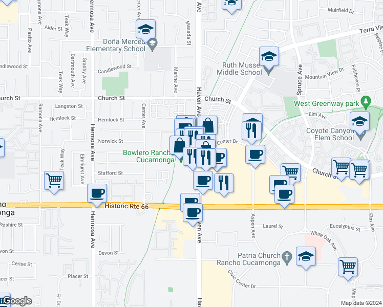 map of restaurants, bars, coffee shops, grocery stores, and more near 7900 Haven Avenue in Rancho Cucamonga