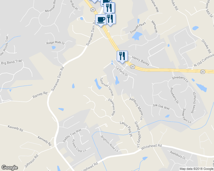 map of restaurants, bars, coffee shops, grocery stores, and more near 301 Tattersall Court in Buford