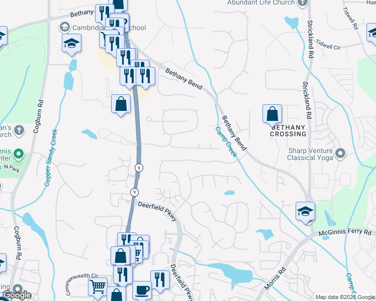 map of restaurants, bars, coffee shops, grocery stores, and more near 555 Astonefield Drive in Alpharetta