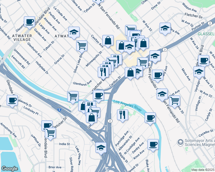 map of restaurants, bars, coffee shops, grocery stores, and more near 3036 Atwater Avenue in Los Angeles