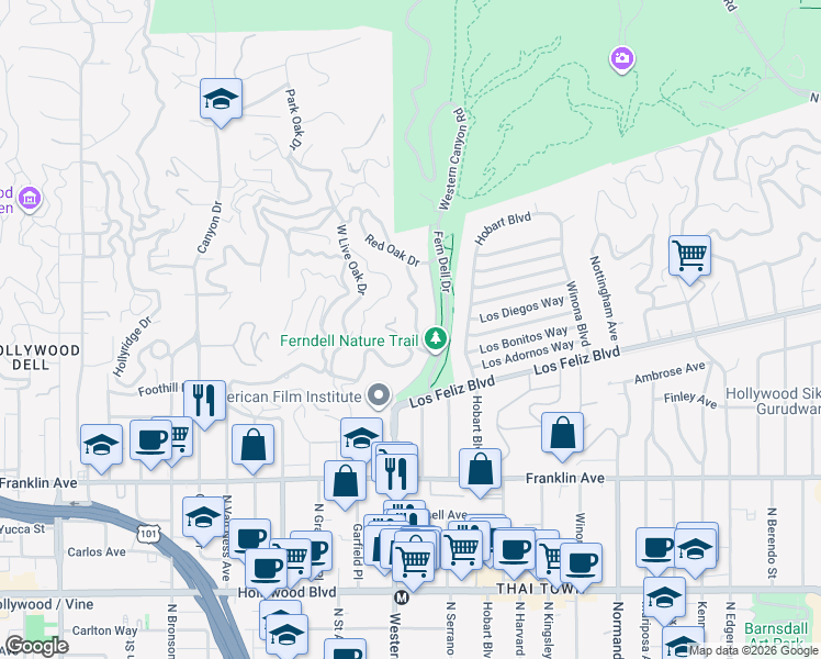 map of restaurants, bars, coffee shops, grocery stores, and more near 2165 Fern Dell Place in Los Angeles