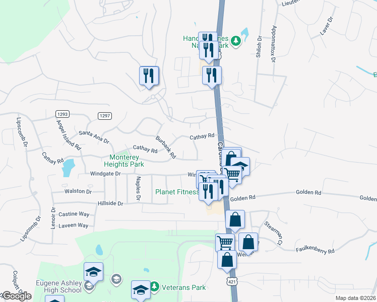 map of restaurants, bars, coffee shops, grocery stores, and more near 202 Burbank Road in Wilmington
