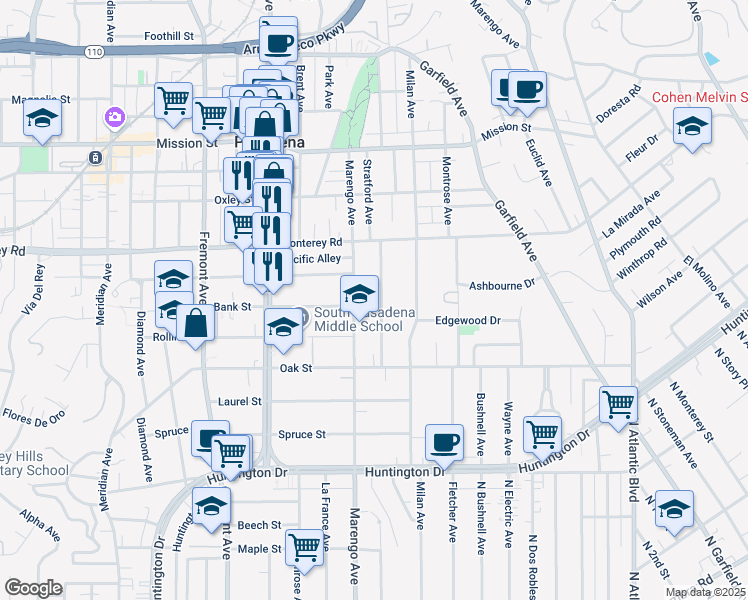 map of restaurants, bars, coffee shops, grocery stores, and more near 1327 Stratford Avenue in South Pasadena