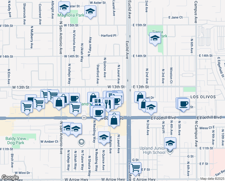 map of restaurants, bars, coffee shops, grocery stores, and more near 1266 North Palm Avenue in Upland