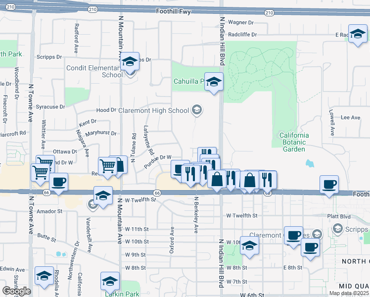 map of restaurants, bars, coffee shops, grocery stores, and more near 1420 Oxford Avenue in Claremont