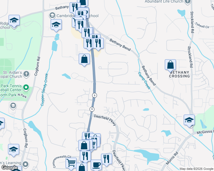 map of restaurants, bars, coffee shops, grocery stores, and more near 3145 Keyingham Way in Alpharetta