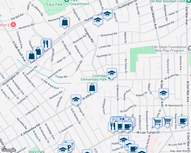 map of restaurants, bars, coffee shops, grocery stores, and more near 1005 West Roses Road in San Gabriel