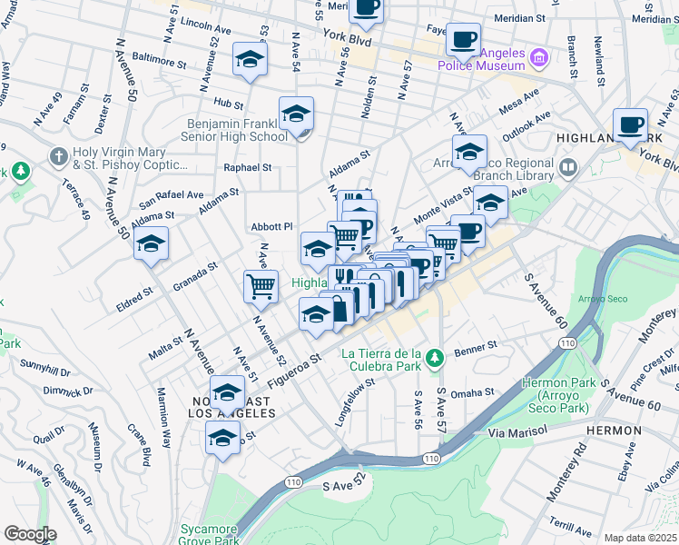 map of restaurants, bars, coffee shops, grocery stores, and more near 226 North Avenue 55 in Los Angeles