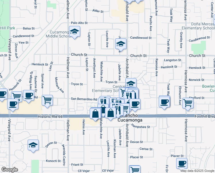 map of restaurants, bars, coffee shops, grocery stores, and more near 7935 Malachite Avenue in Rancho Cucamonga