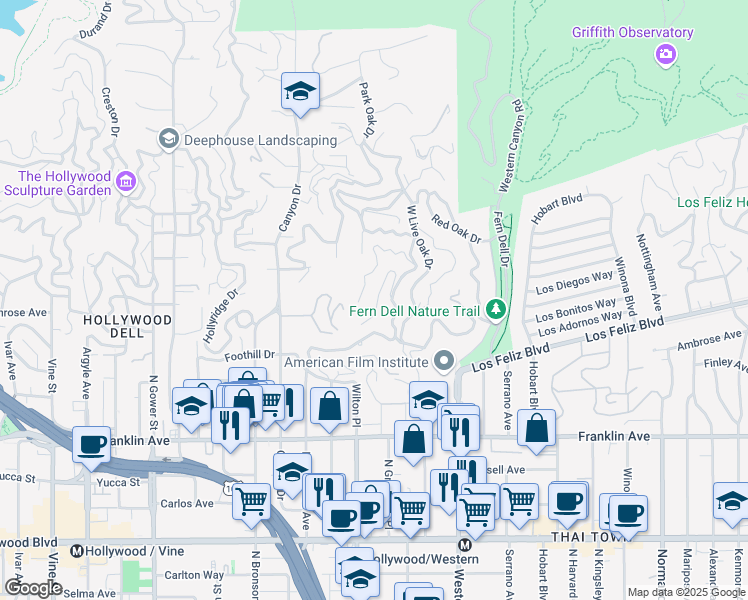 map of restaurants, bars, coffee shops, grocery stores, and more near 5657 Valley Oak Drive in Los Angeles