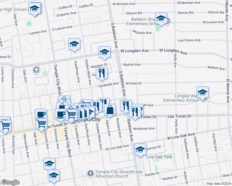 map of restaurants, bars, coffee shops, grocery stores, and more near 6022 Rowland Avenue in Temple City