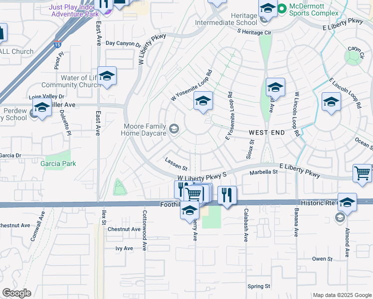 map of restaurants, bars, coffee shops, grocery stores, and more near 7892 Whitney Court in Fontana