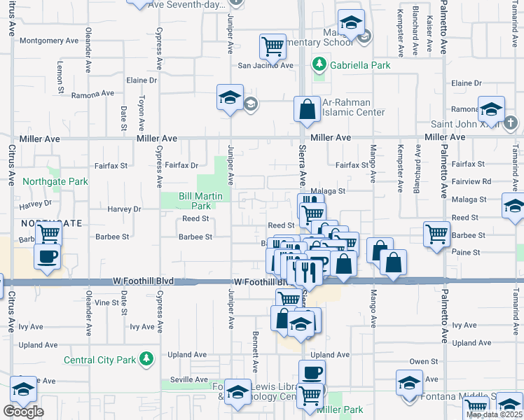 map of restaurants, bars, coffee shops, grocery stores, and more near 7906 Bennett Avenue in Fontana