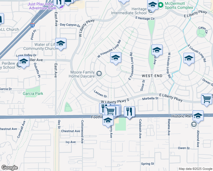 map of restaurants, bars, coffee shops, grocery stores, and more near 7892 Whitney Court in Fontana