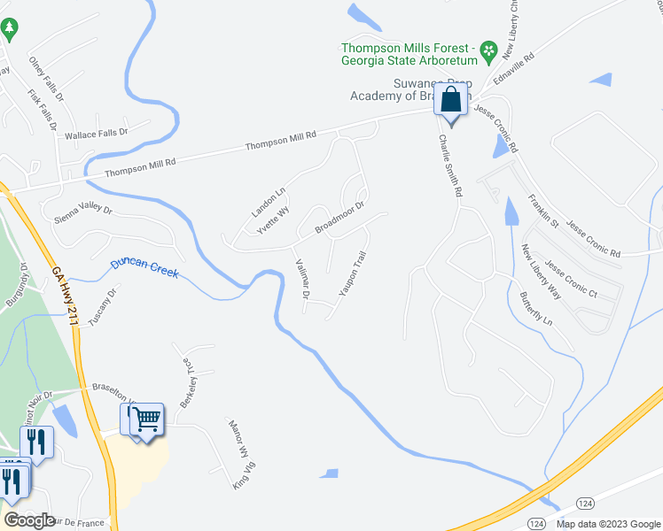 map of restaurants, bars, coffee shops, grocery stores, and more near 69 Wyevale Court in Braselton