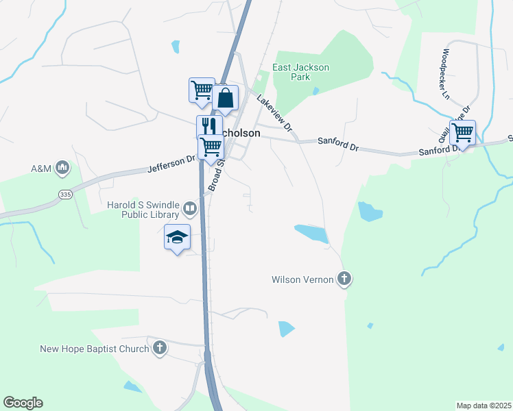 map of restaurants, bars, coffee shops, grocery stores, and more near 321 Church Street in Nicholson