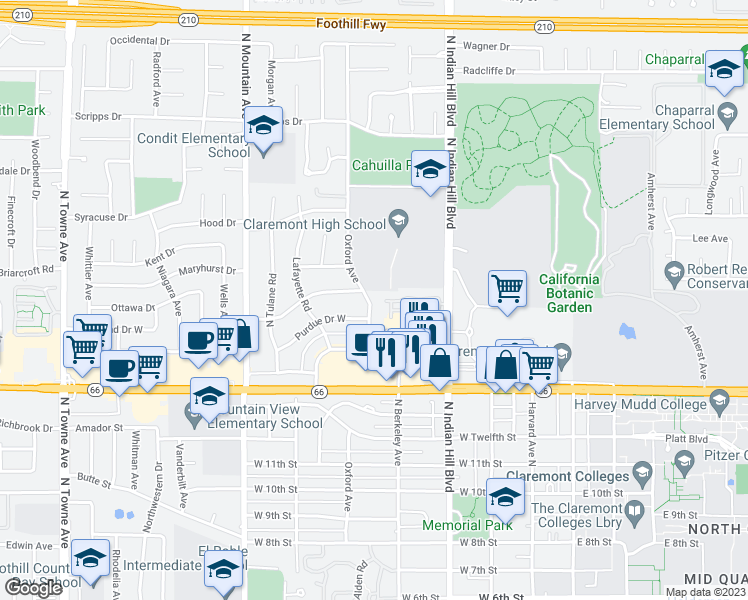 map of restaurants, bars, coffee shops, grocery stores, and more near 1420 Oxford Avenue in Claremont